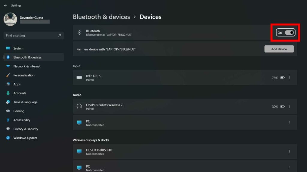 Turn Bluetooth on or off in Windows
