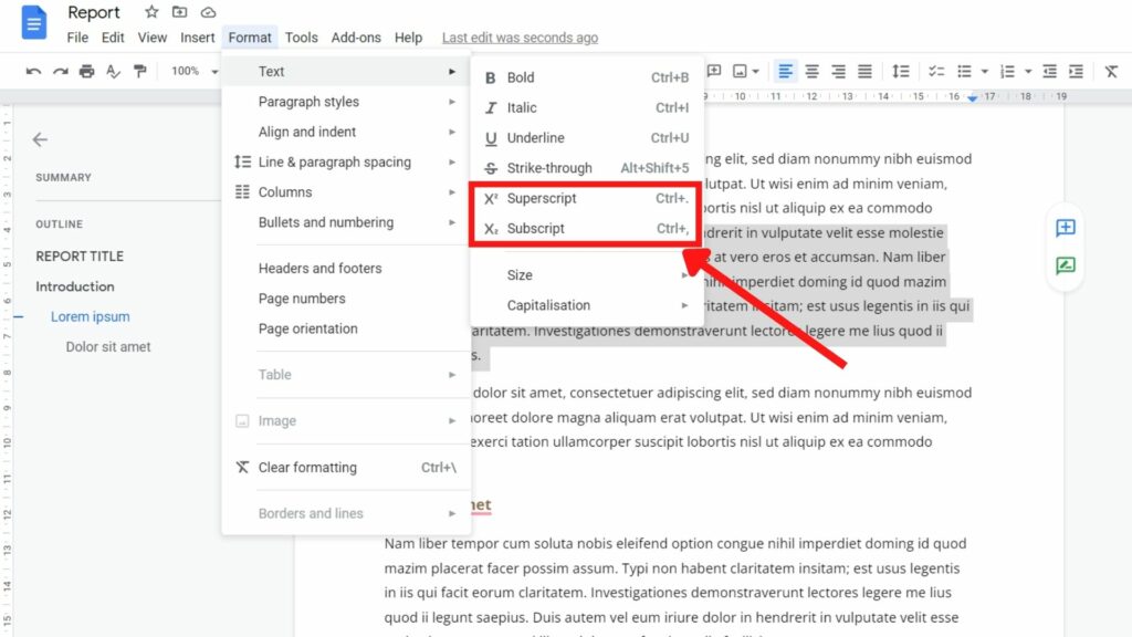 how to subscript in google docs